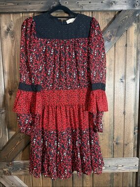 Michael Kors Red and Black Floral Tiered Mini Dress with Eyelet Yoke